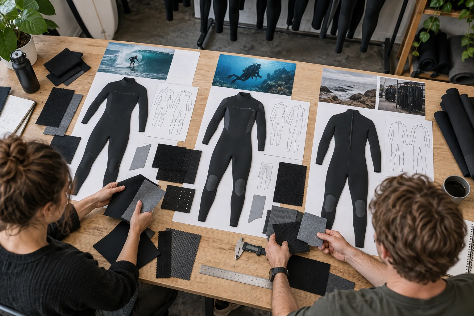 illustrative product developers mapping wetsuit materials to surf dive and rental use cases