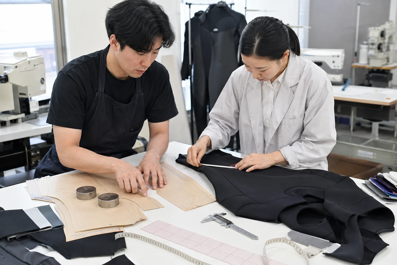 Illustrative wetsuit pattern maker and quality technician reviewing pattern pieces and measuring a neoprene panel