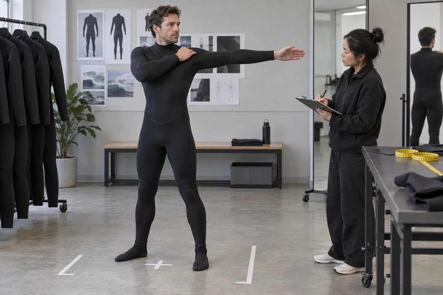 illustrative wetsuit fit model mobility review with shoulder rotation and arm reach