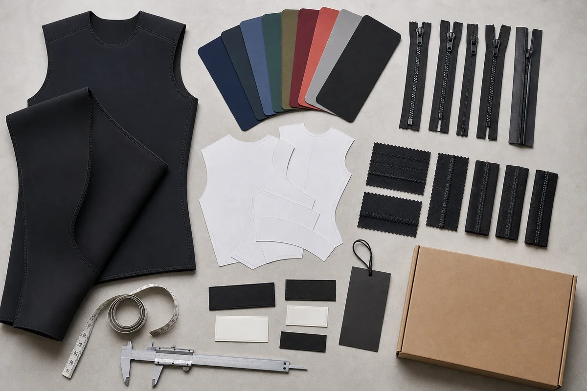 illustrative wetsuit MOQ planning with neoprene panels, color swatches, size patterns, zippers, labels and packaging