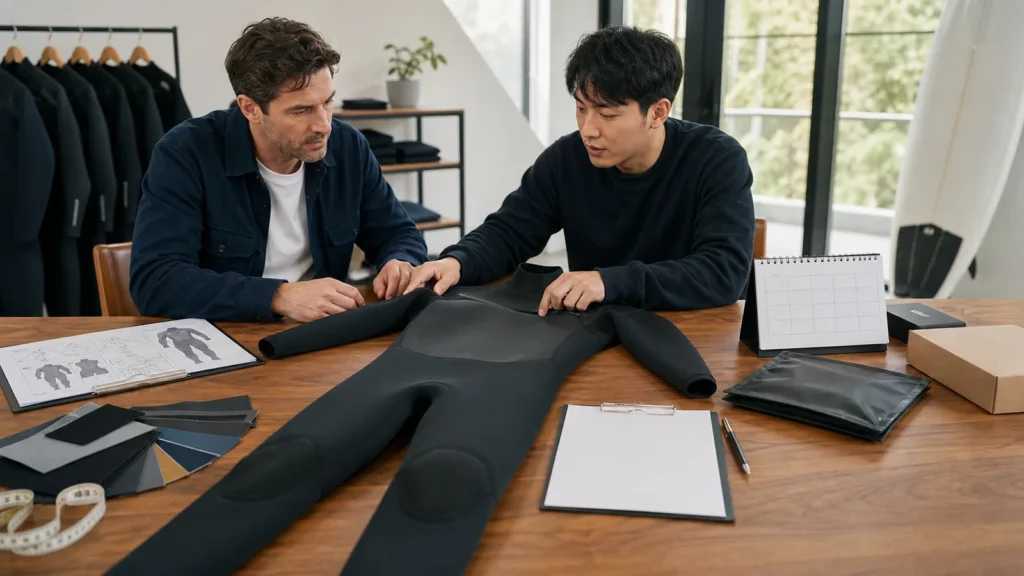 brand buyer and wetsuit product developer reviewing an unbranded wetsuit, materials, cost estimate and production schedule