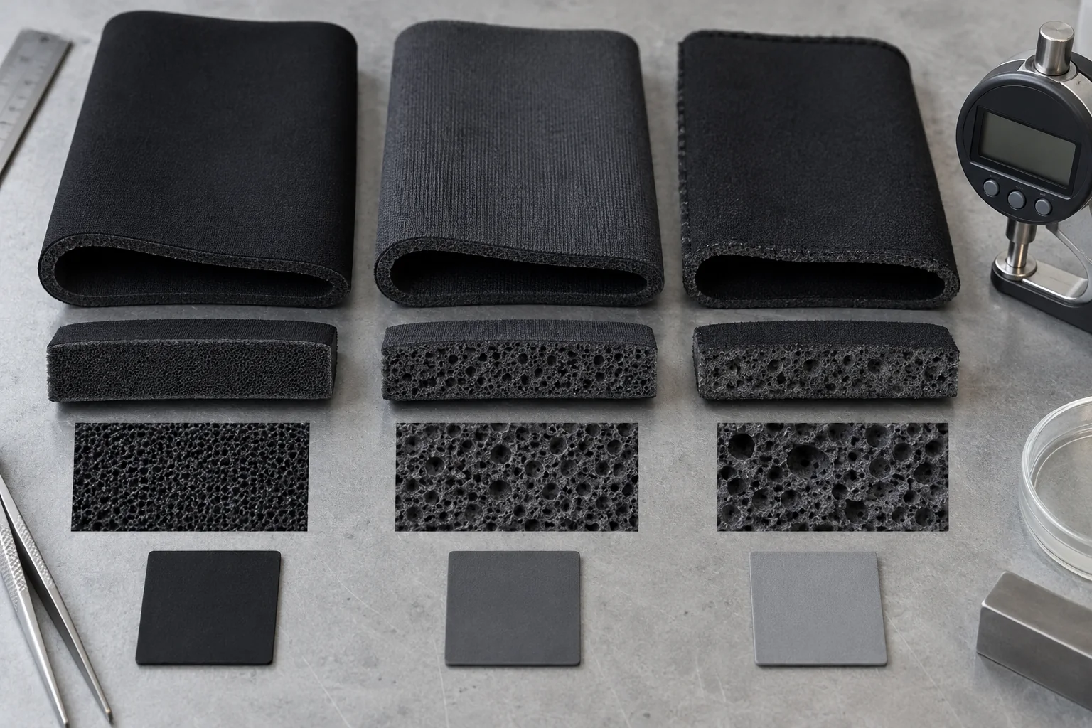 illustrative unbranded wetsuit foam and laminate candidates prepared for CR and SCR comparison