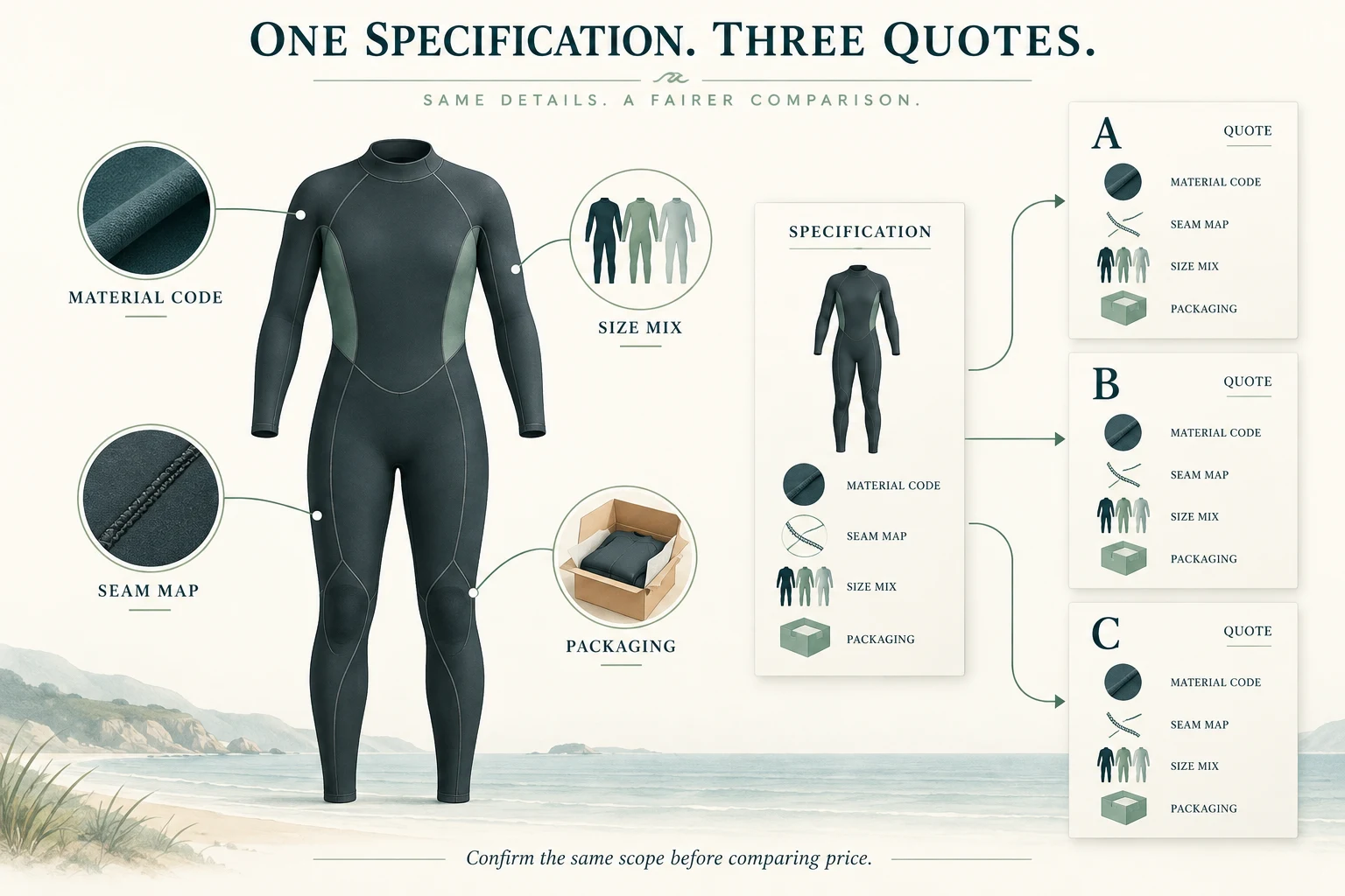Illustrated comparison showing one wetsuit specification with material code, seam map, size mix and packaging shared across three quotes