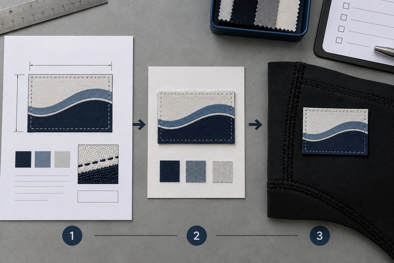illustrative three-reference quality check comparing original artwork, approved sample and bulk wetsuit label