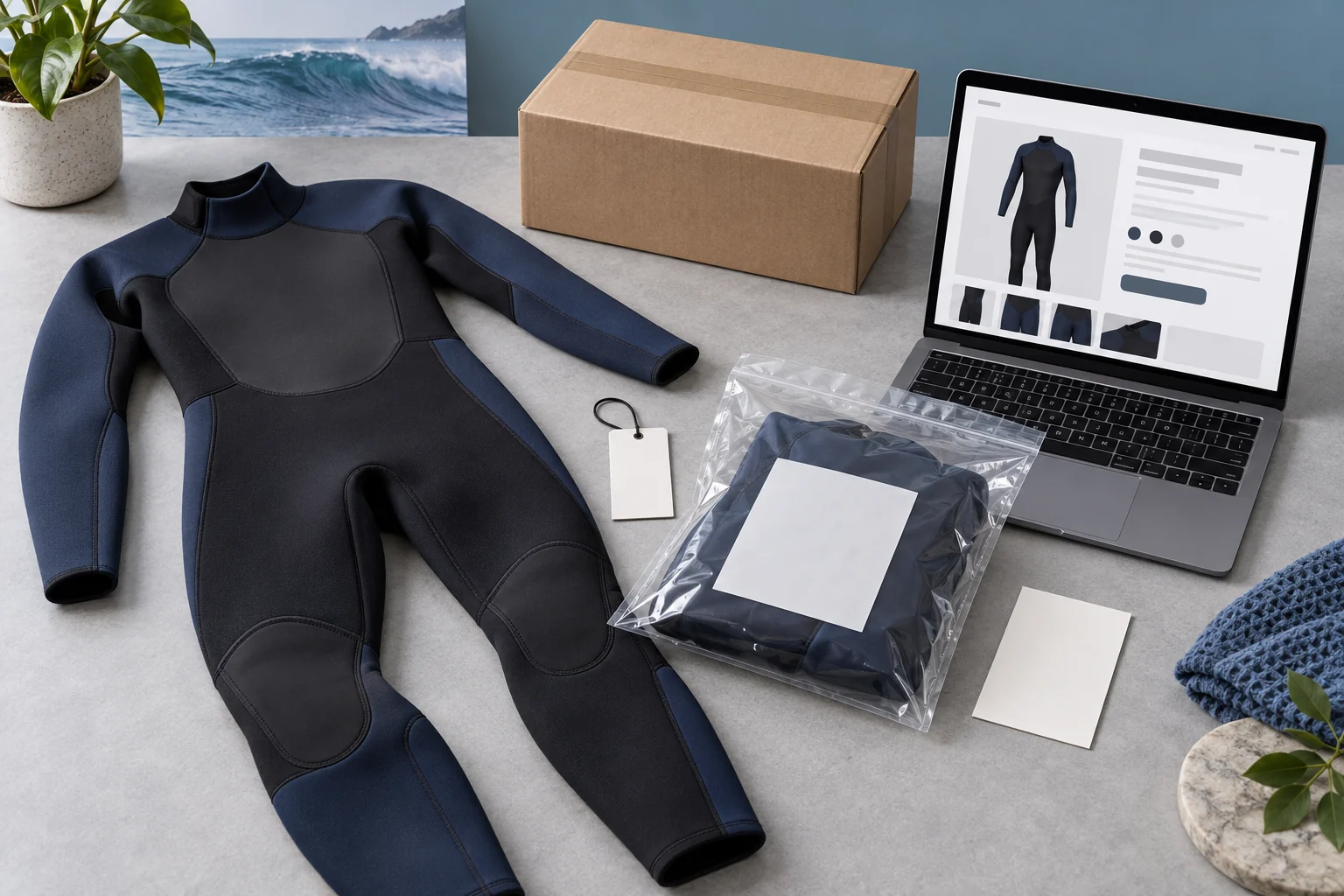 unbranded wetsuit packaging hangtag carton and online product information shown as separate layers