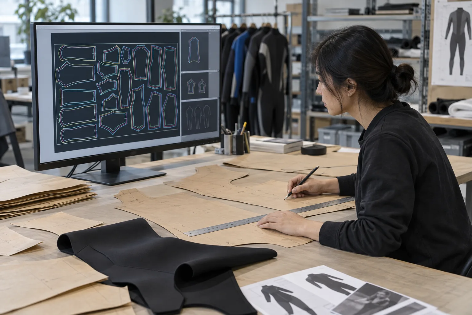 illustrative wetsuit pattern grading review with nested digital and paper patterns