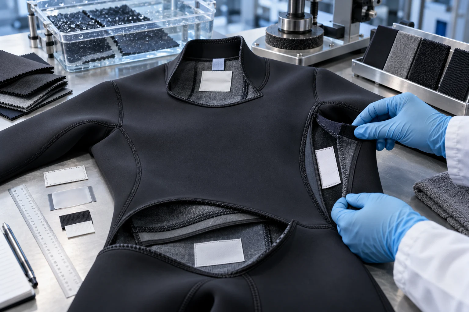 technician reviewing durable sewn and heat transfer label placement inside an unbranded wetsuit