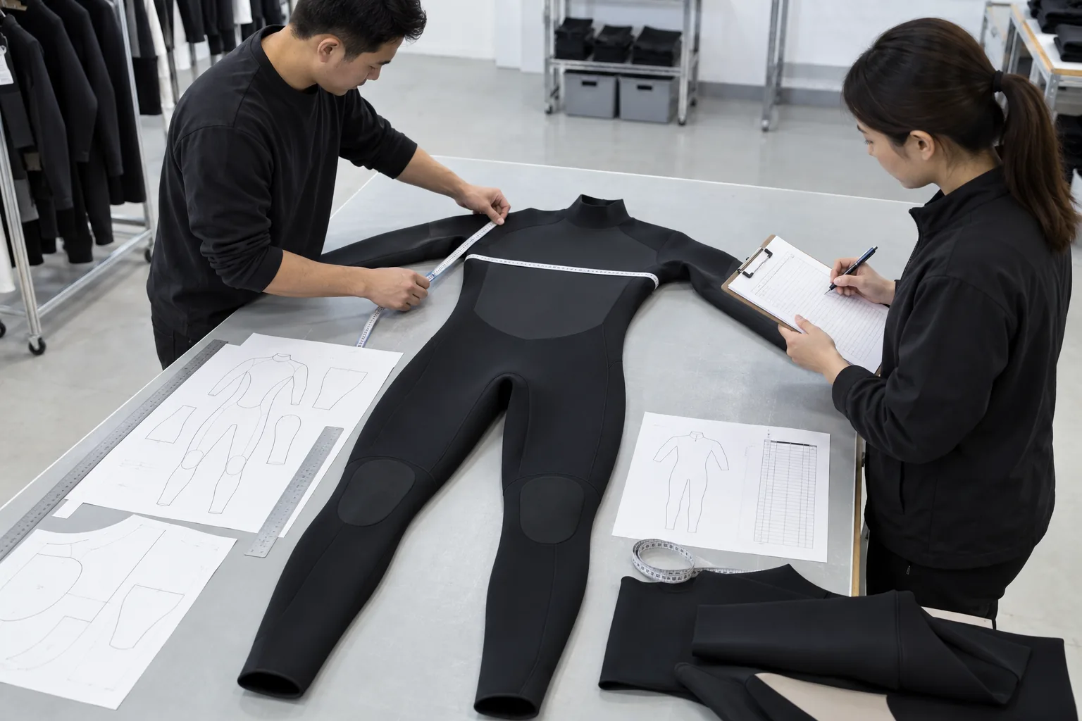 illustrative pre-production wetsuit measurement check against an approved specification