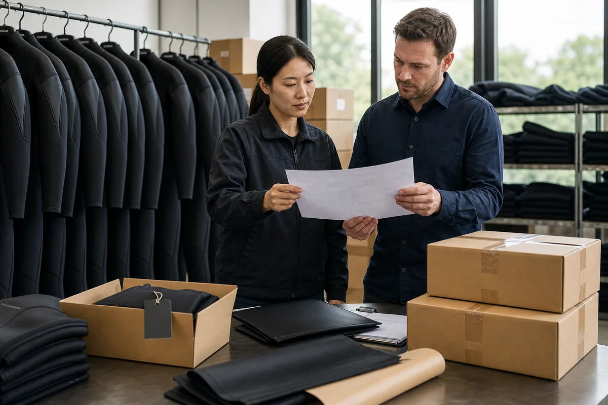 illustrative wetsuit production lead time planning with finished unbranded wetsuits, quality review, packaging and cartons