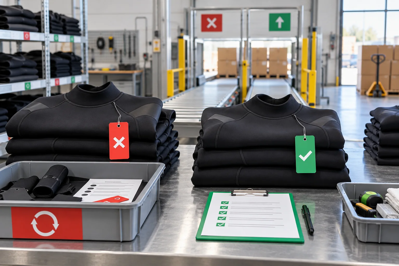 illustrative wetsuit quality control hold, rework and release gate with red and green status tags