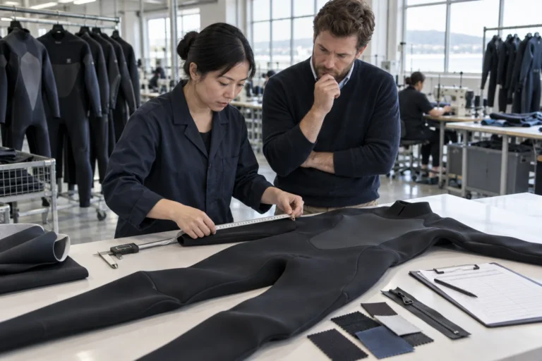 wetsuit quality control checklist review with a finished black wetsuit and measurement tools