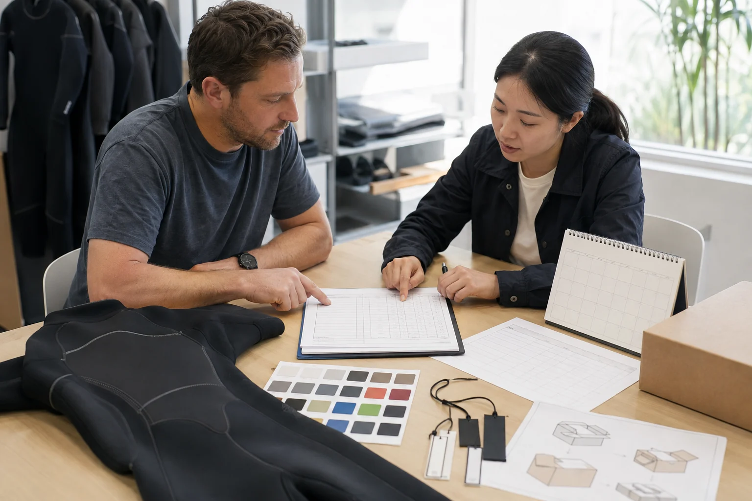 Illustrative brand buyer and wetsuit supplier reviewing an RFQ checklist, quantities, schedule, labels and packaging