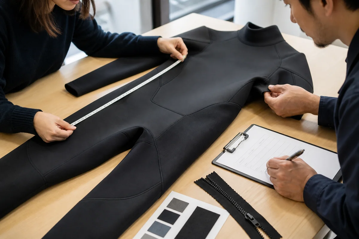 illustrative wetsuit sample approval review with measurements, seam inspection and checklist