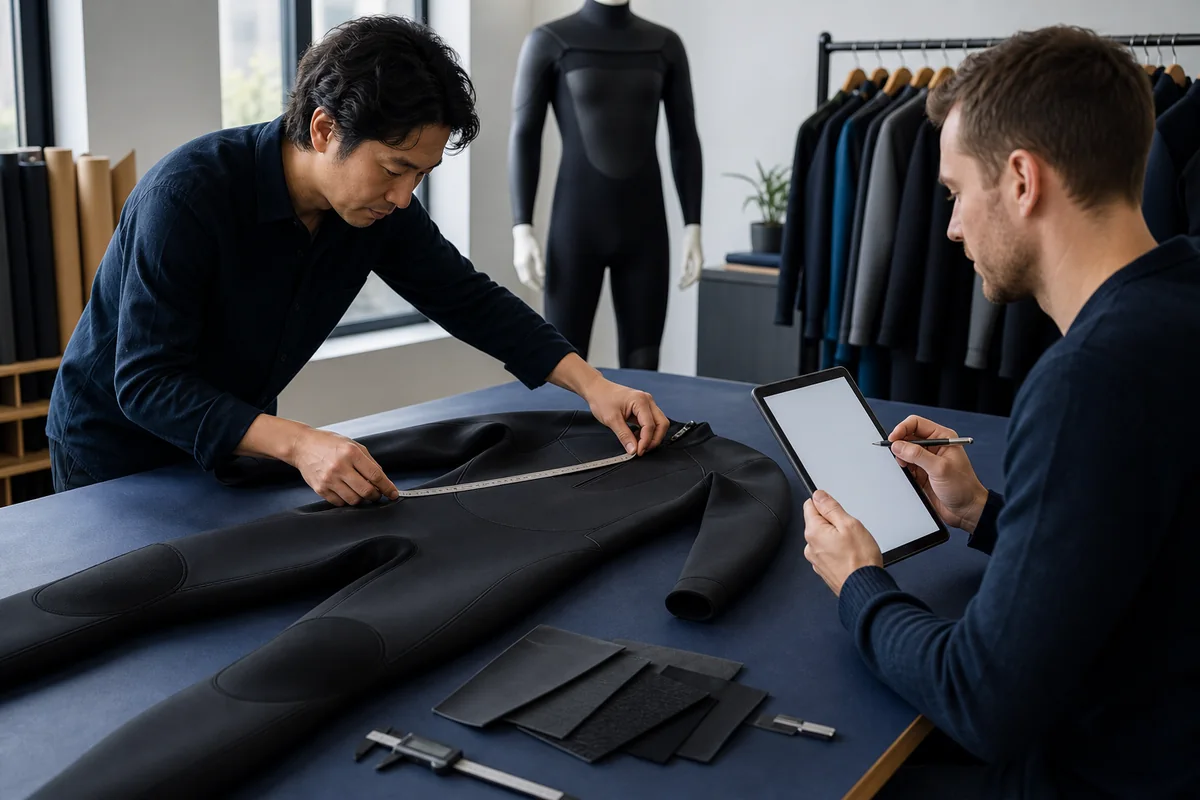 illustrative wetsuit sample cost and approval review with measurement, seam inspection and a blank checklist