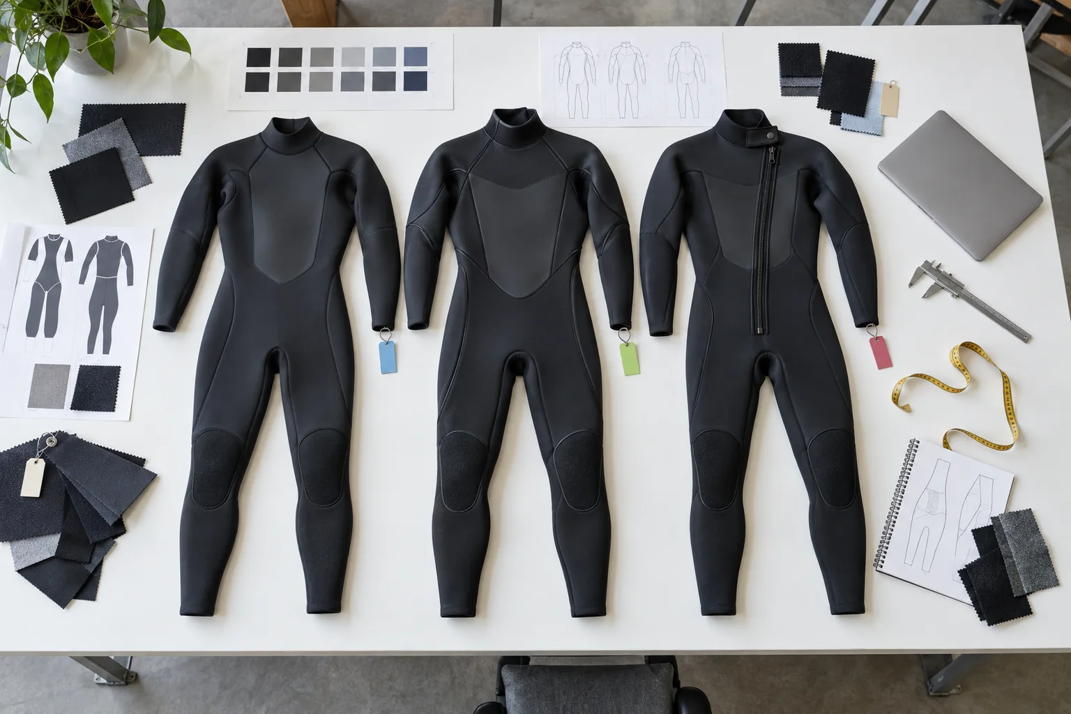 illustrative comparison of numbered wetsuit sample versions with measurement sheets and material swatches