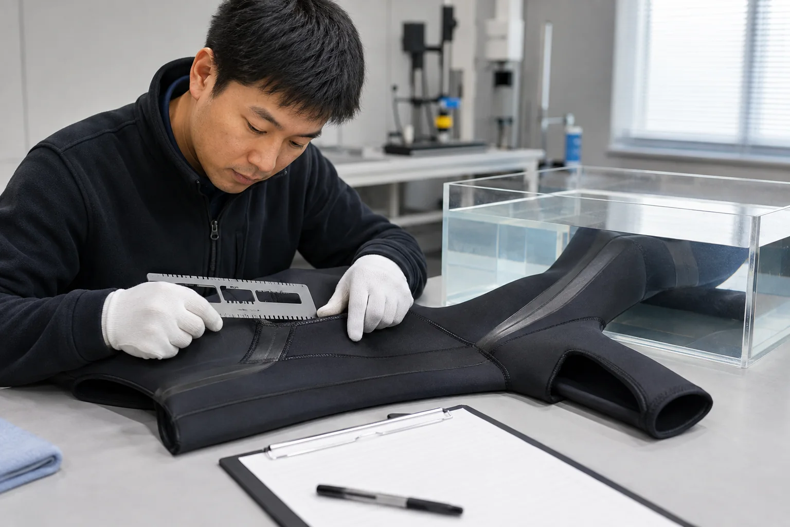 Illustrative wetsuit seam alignment and leakage quality inspection