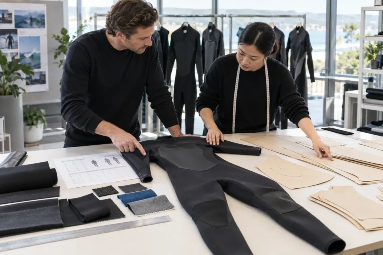illustrative wetsuit size grading review with body measurements, nested patterns and a finished black wetsuit