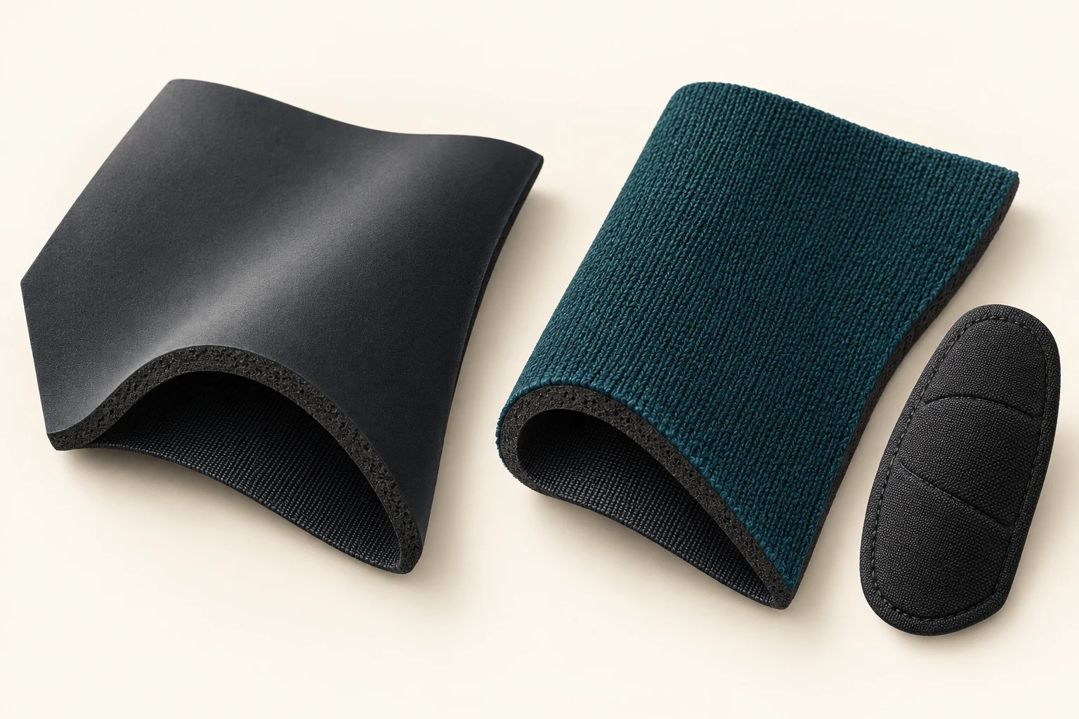 Conceptual smooth-face and textile-face neoprene swatches with foam and lining visible at their edges