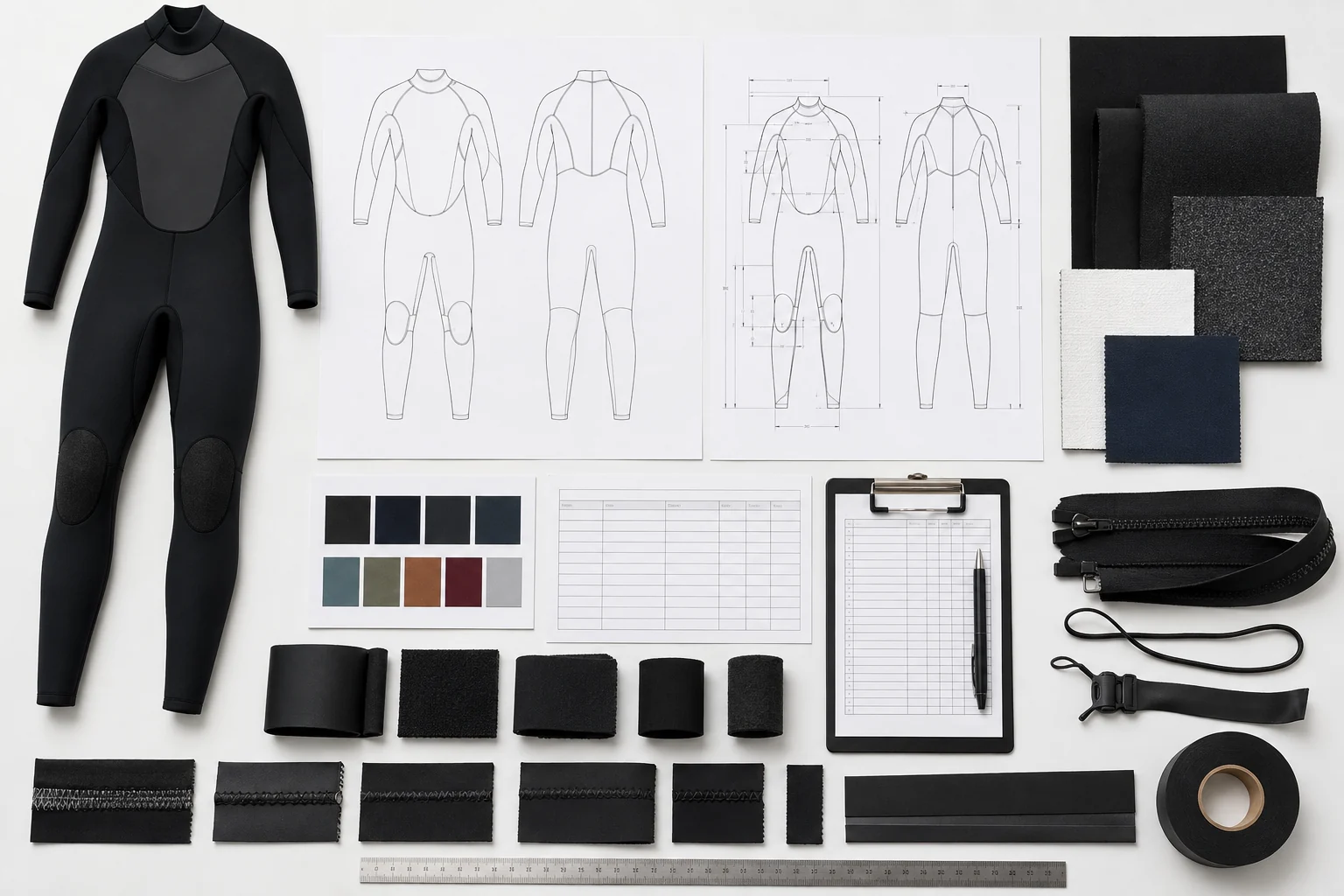 Illustrative wetsuit tech pack template with technical drawings, measurement sheet, neoprene swatches, seam samples and components