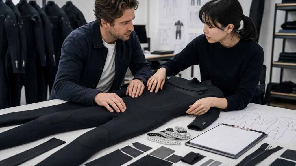 Brand buyer and wetsuit technical developer reviewing a tech pack and black wetsuit sample