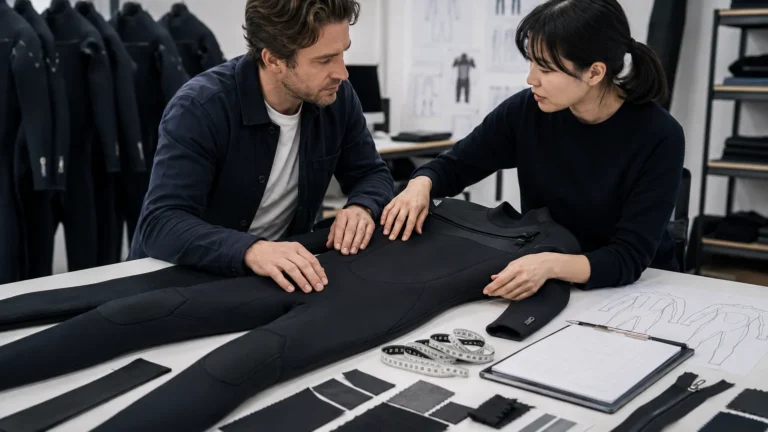 Brand buyer and wetsuit technical developer reviewing a tech pack and black wetsuit sample
