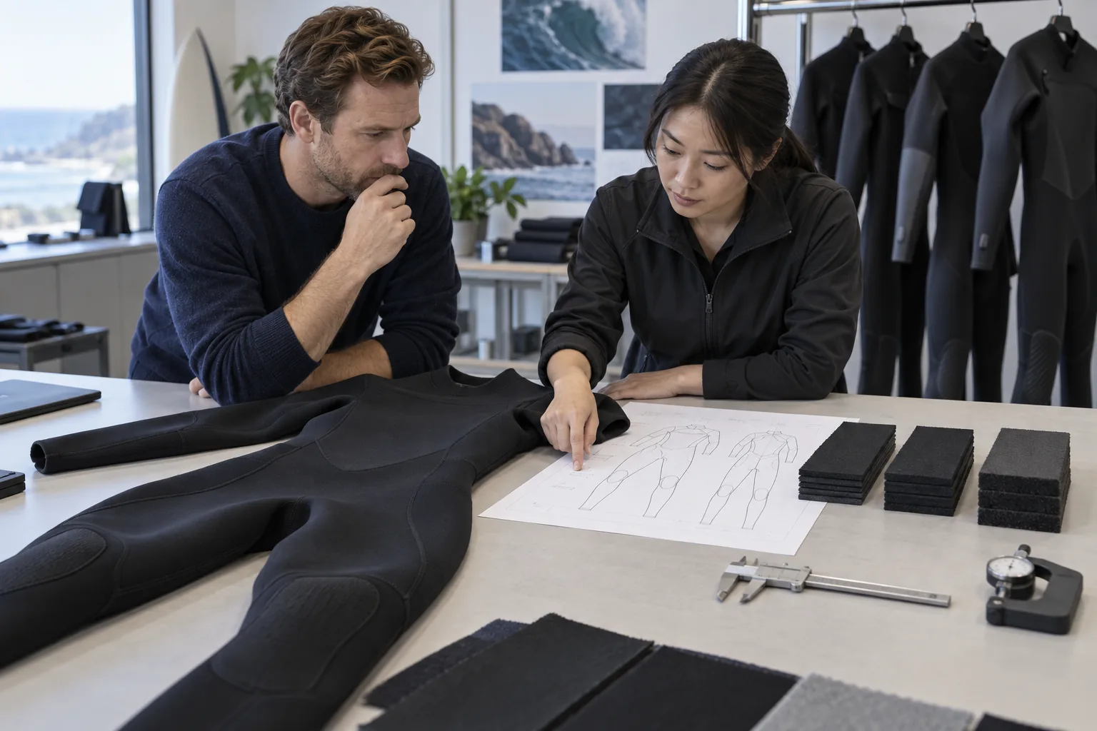 brand team reviewing wetsuit thickness options and a multi-thickness panel map