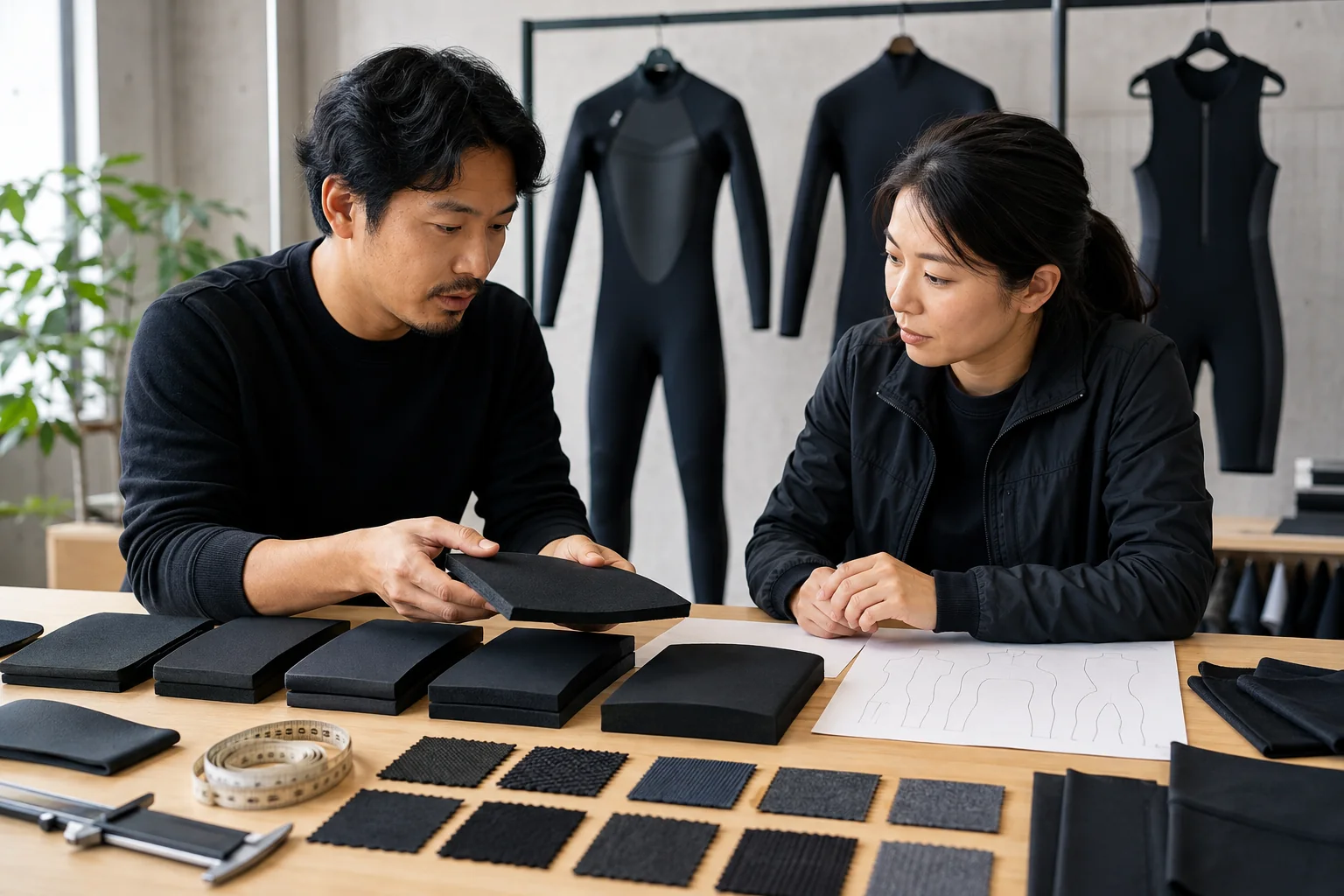 Product developers reviewing wetsuit thickness and lining combinations for different uses
