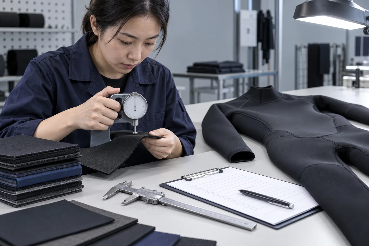 wetsuit thickness quality inspection using a gauge and caliper on material and finished panels