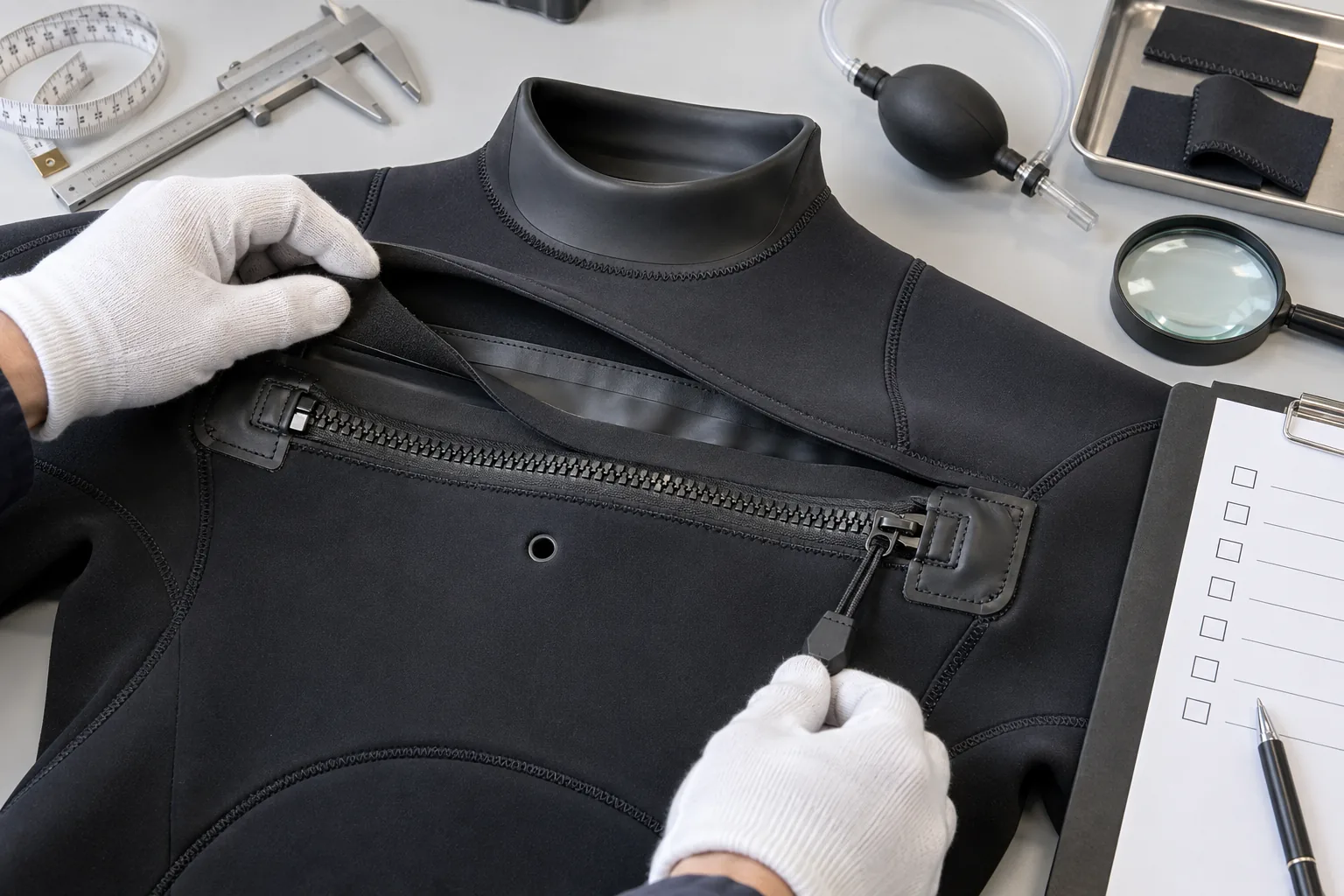 wetsuit zipper barrier drain hole and reinforcement quality inspection setup