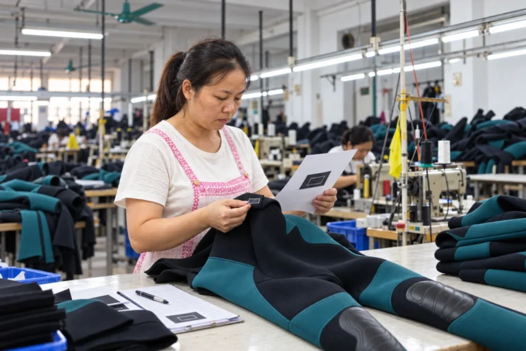 AI-generated editorial reconstruction of wetsuit quality inspector Xuemei Zhang checking a label against artwork