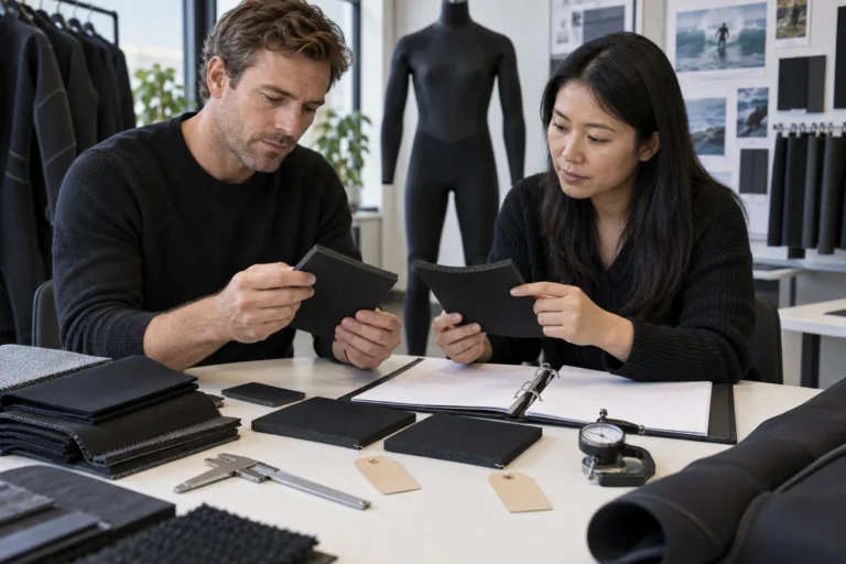 illustrative wetsuit buyer verifying named and generic limestone neoprene material candidates