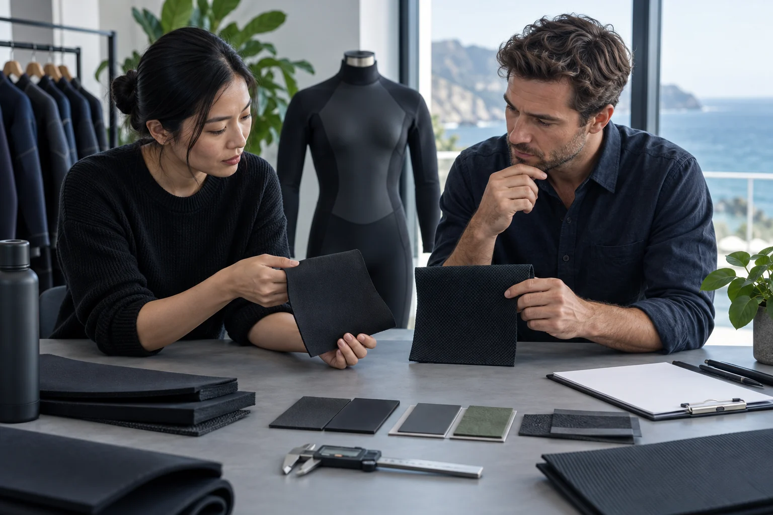Illustrative Yulex vs neoprene wetsuit sourcing review with unbranded natural rubber and chloroprene foam candidates