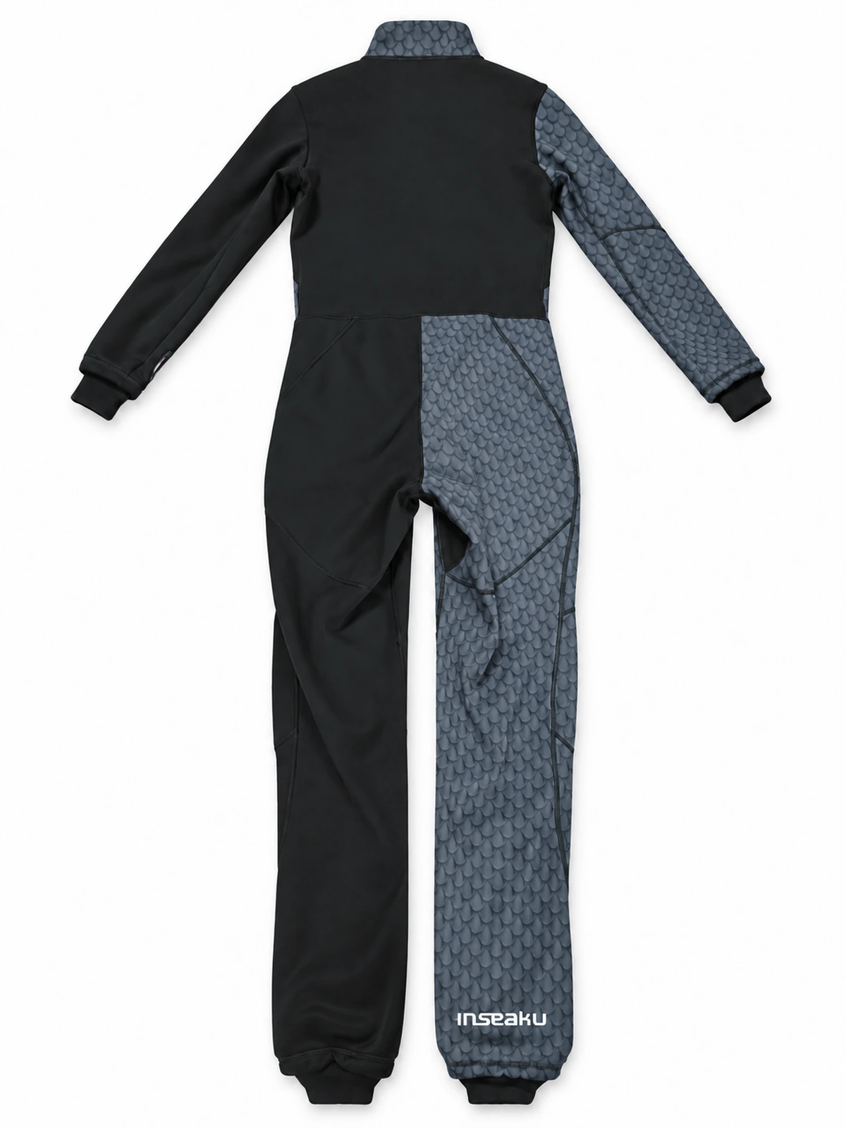 Black and gray scale print front zip wetsuit, back view showing asymmetrical printed panels