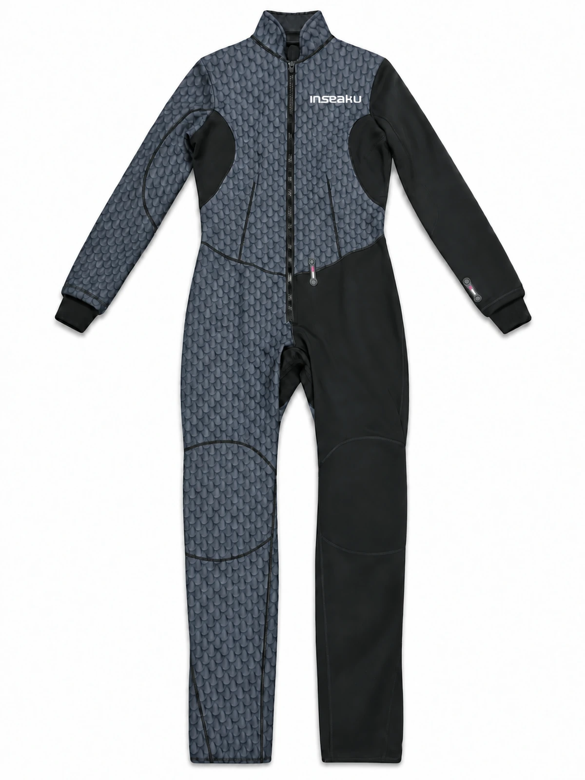 Scale print front zip wetsuit in black and gray, front view with white INSEAKU logo