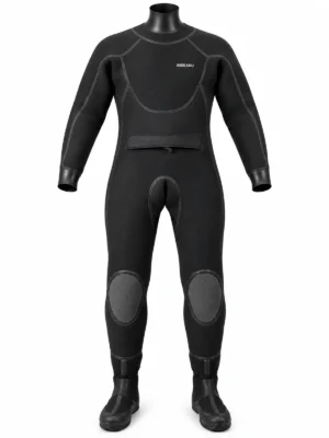black smooth finish drysuit, front view of the INSEAKU custom design