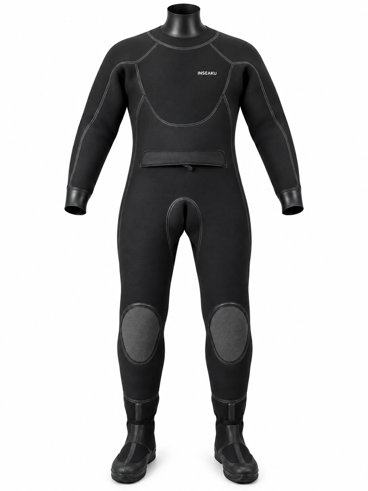 black smooth finish drysuit, front view of the INSEAKU custom design