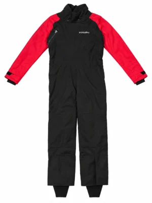 black drysuit with red sleeves, front view of the INSEAKU custom design
