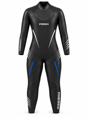 blue accent triathlon wetsuit, front view of the INSEAKU custom design