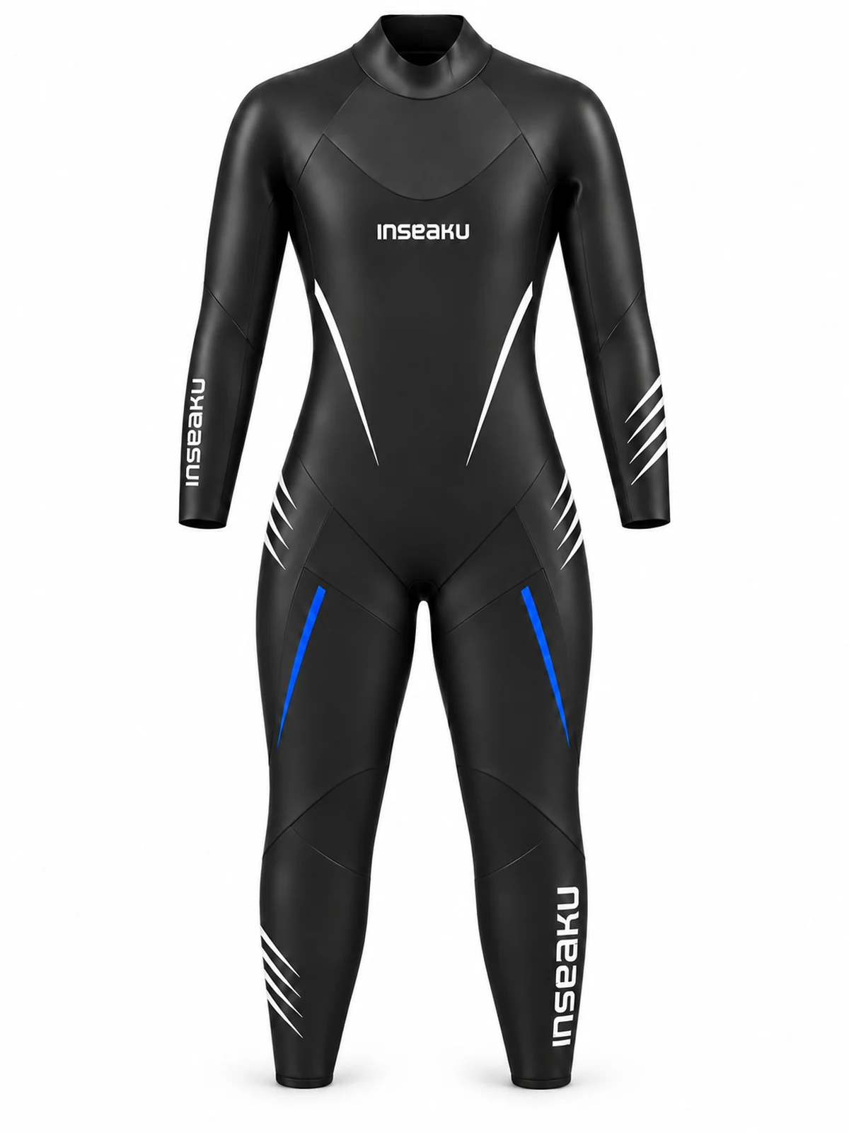blue accent triathlon wetsuit, front view of the INSEAKU custom design