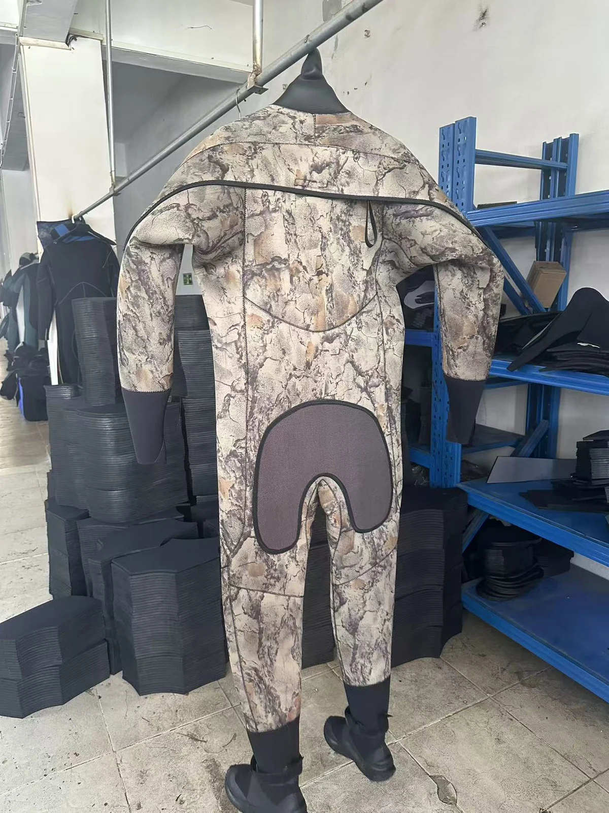 Camouflage Shoulder Zip Suit with Boots, back.