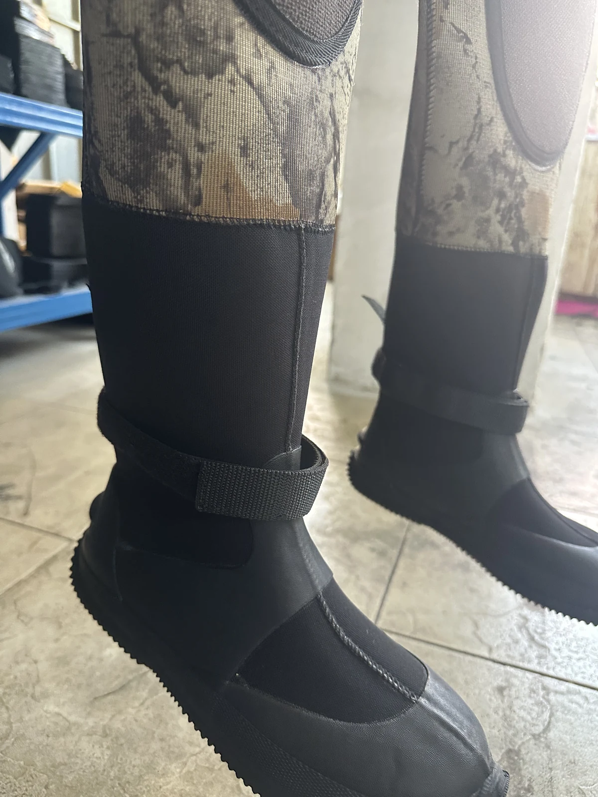 Camouflage Shoulder Zip Suit with Boots, boot detail.