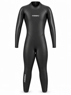 minimal black back zip triathlon wetsuit, front view of the INSEAKU custom design