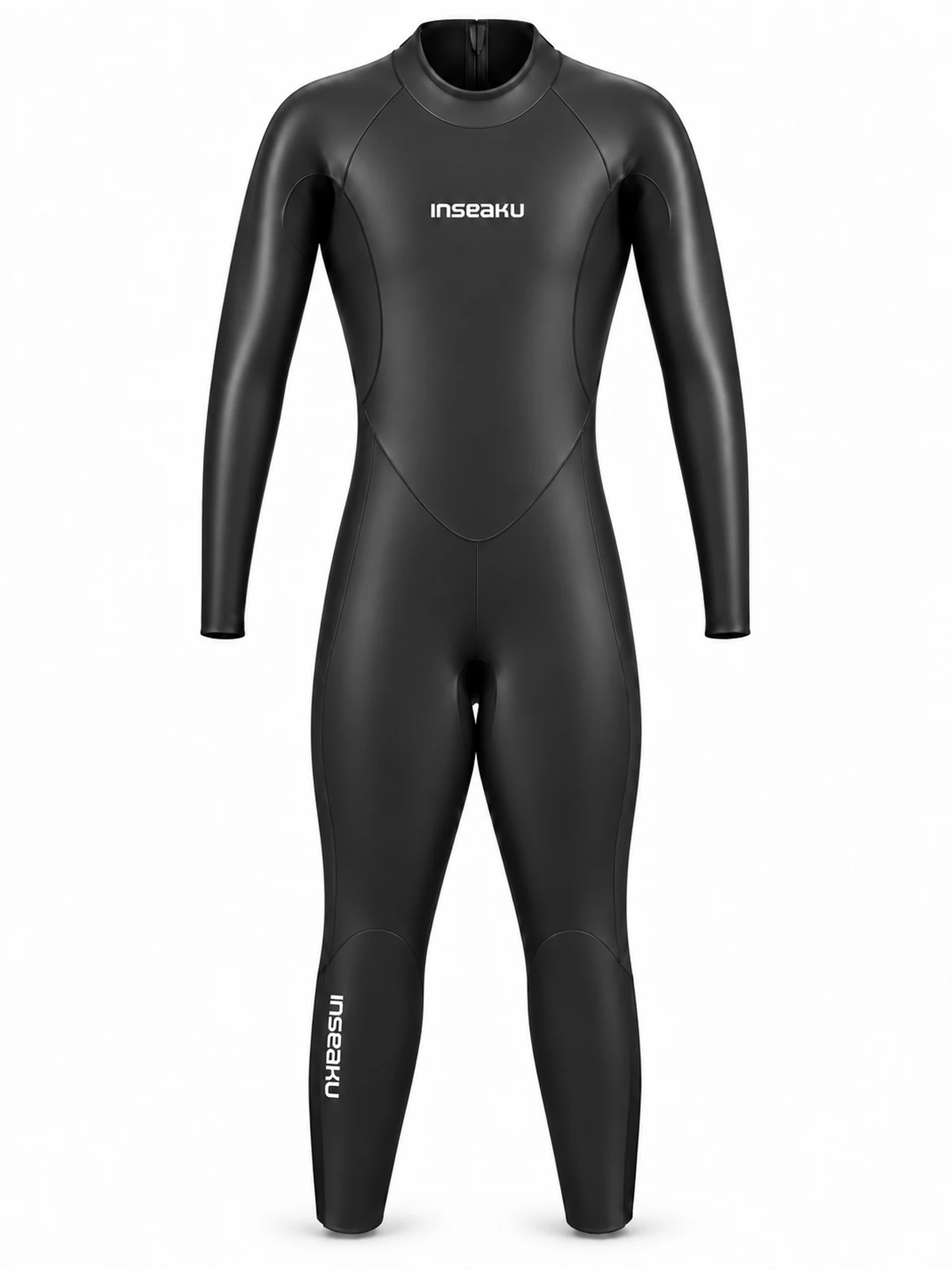 minimal black back zip triathlon wetsuit, front view of the INSEAKU custom design