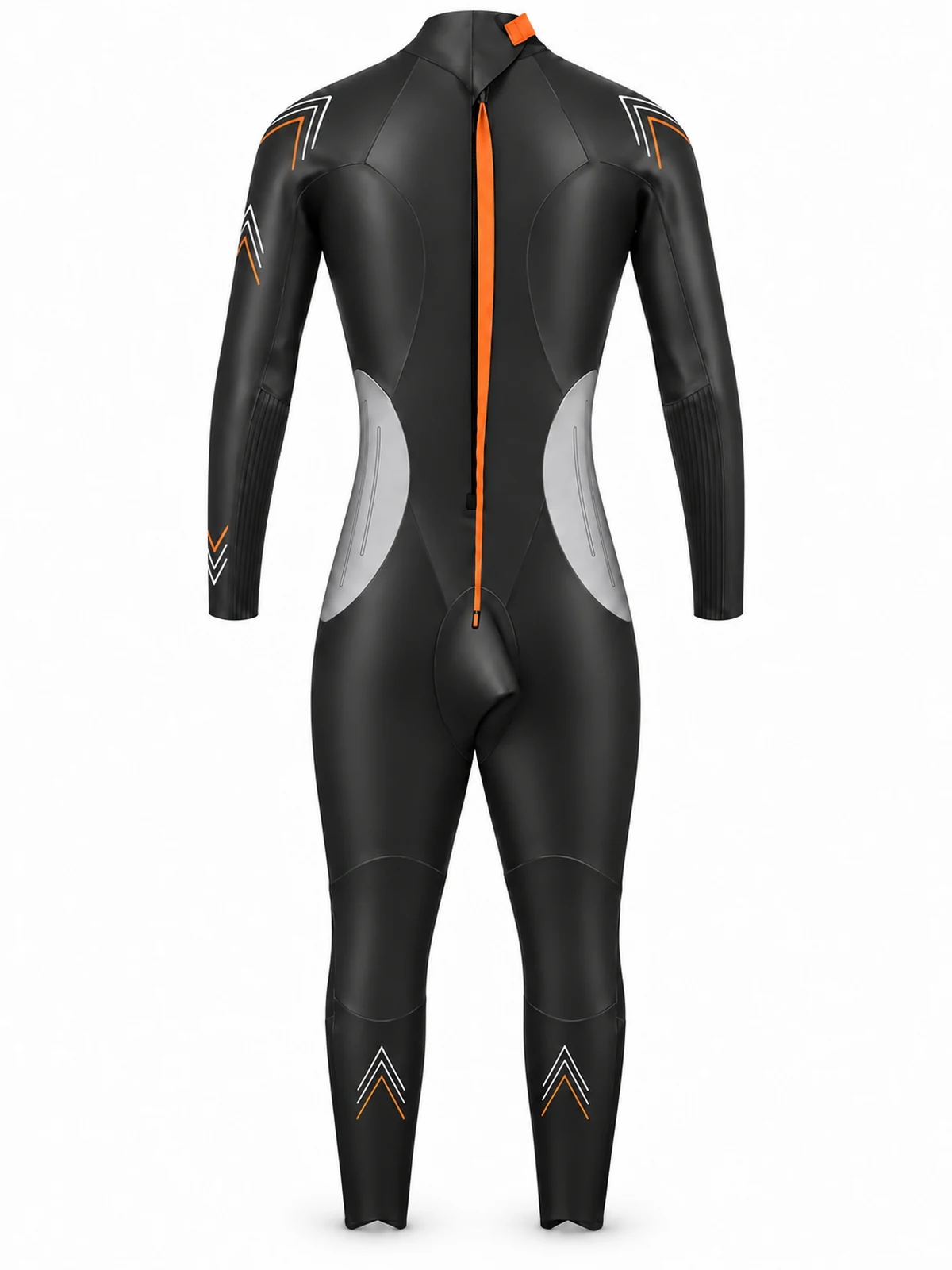 INSEAKU orange chevron full sleeve triathlon wetsuit, back view.