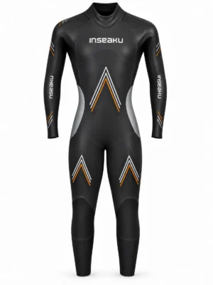 orange chevron triathlon wetsuit, front view of the INSEAKU custom design