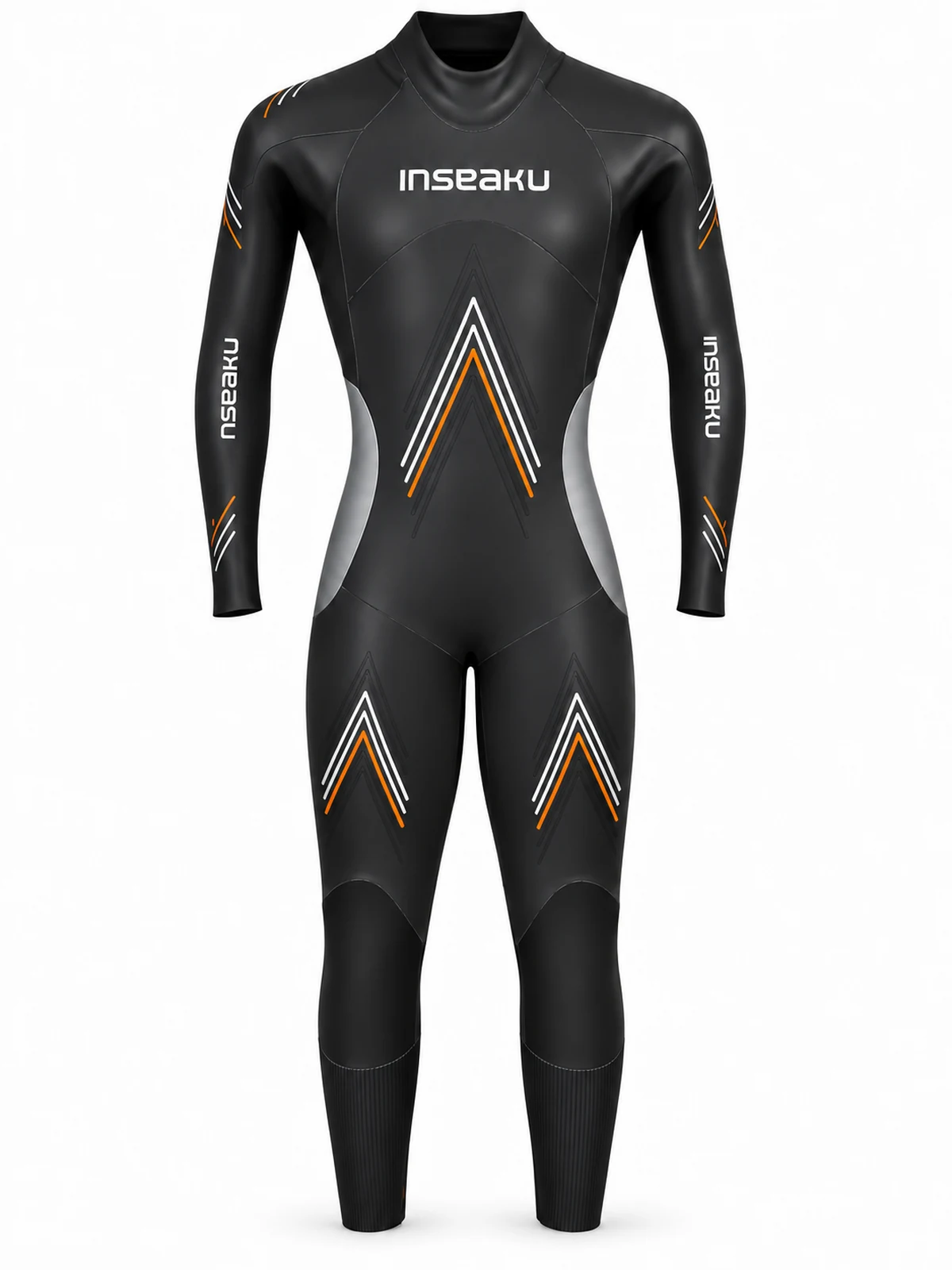 orange chevron triathlon wetsuit, front view of the INSEAKU custom design
