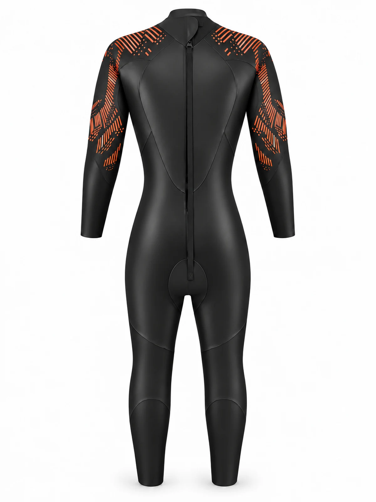 INSEAKU orange pattern sleeve full sleeve triathlon wetsuit, back view.