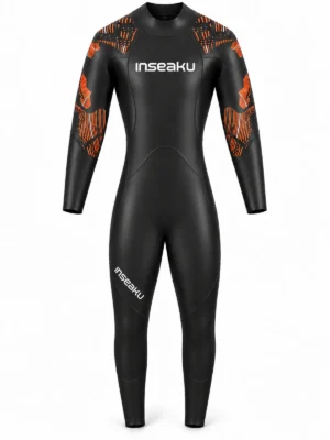 orange pattern sleeve triathlon wetsuit, front view of the INSEAKU custom design