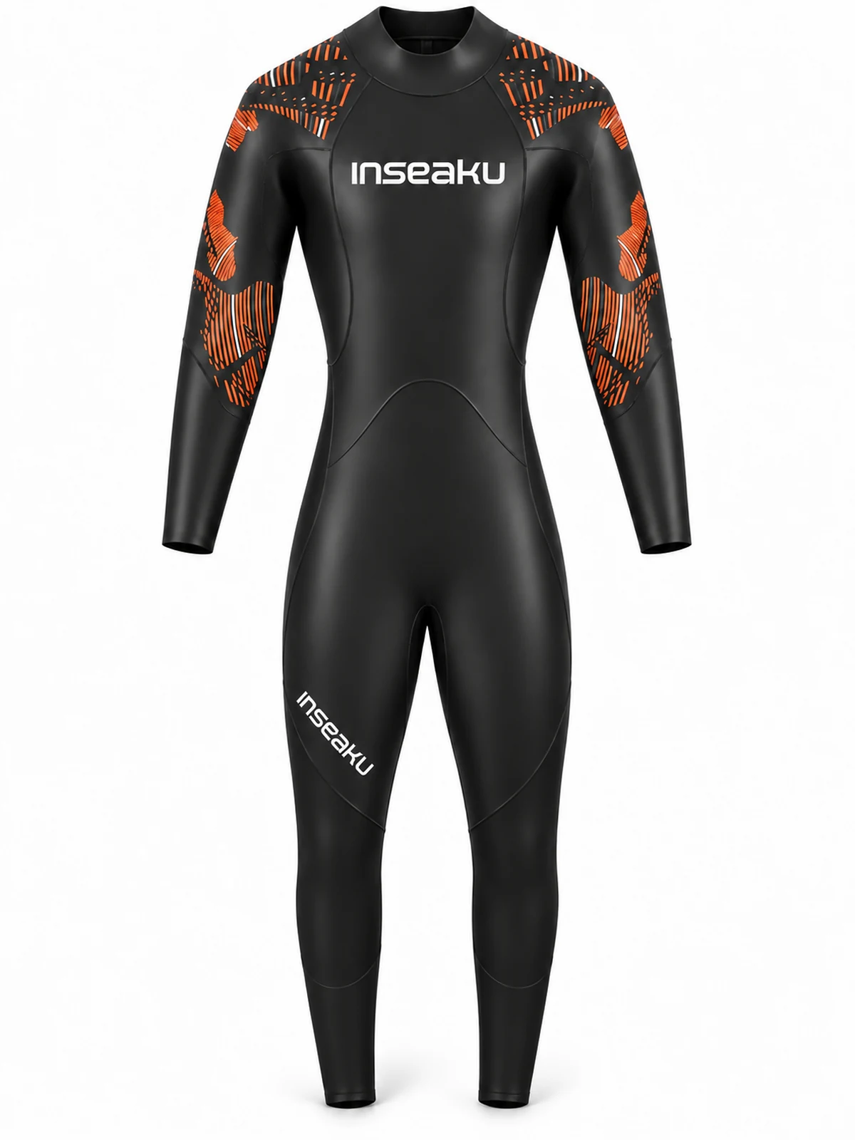 orange pattern sleeve triathlon wetsuit, front view of the INSEAKU custom design