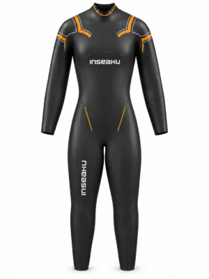 orange shoulder triathlon wetsuit, front view of the INSEAKU custom design